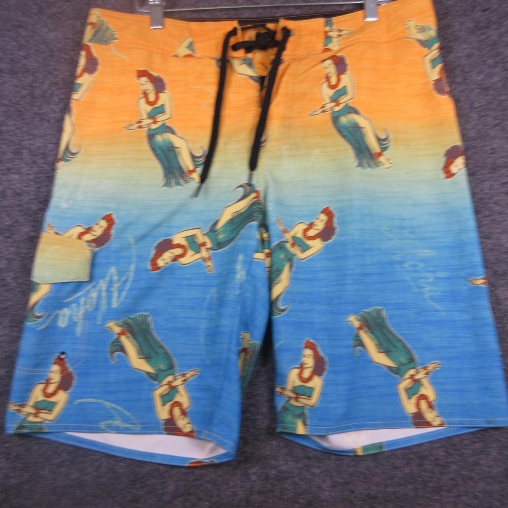 Hang Ten Swim Shorts Mens 34 Blue Orange Hula Girl Aloha Board Trunks Hawaiian